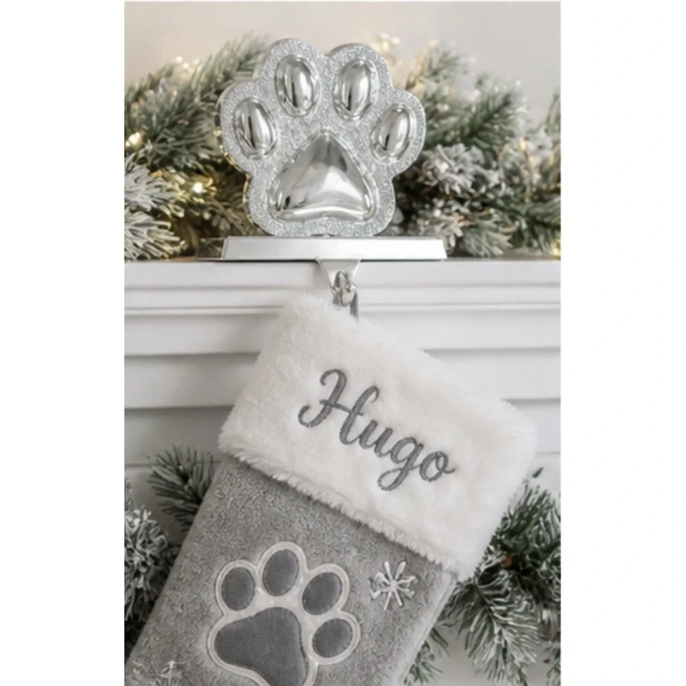 Pet Paw Stocking Holder Silver Xmas Holiday Hanger Dog/Cat